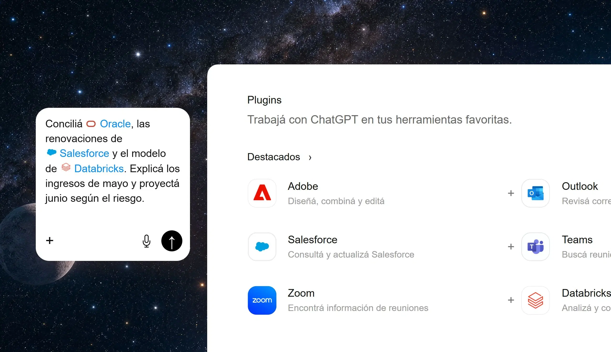 Análisis con contexto de Oracle, Salesforce y Databricks, junto al listado de plugins conectados.